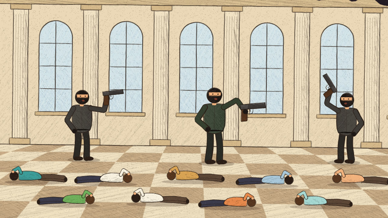 Masked gunmen in an illustrated bank lobby