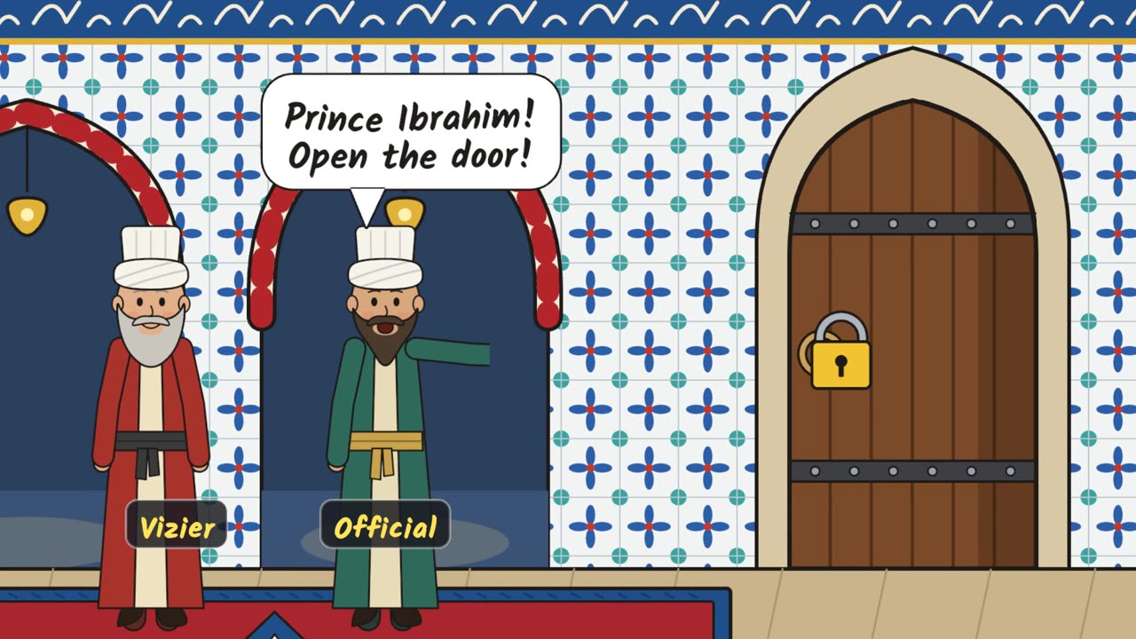 Cartoon vizier and official outside a locked palace door